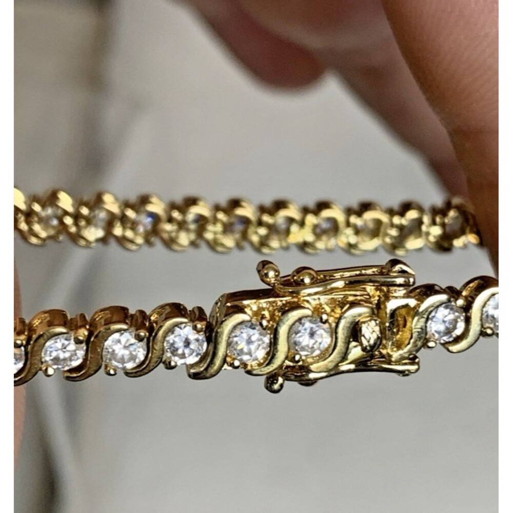 DBJ 925 Sterling Silver Gold Tone Tennis Bracelet CZ Prong Set 7" Vintage Signed - Picture 6 of 14